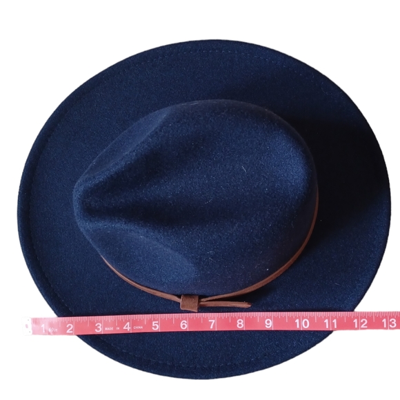 Navy Blue Women's Fedora Brimmed Hat, Brown Strap, Adjustable Size - Picture 6 of 11